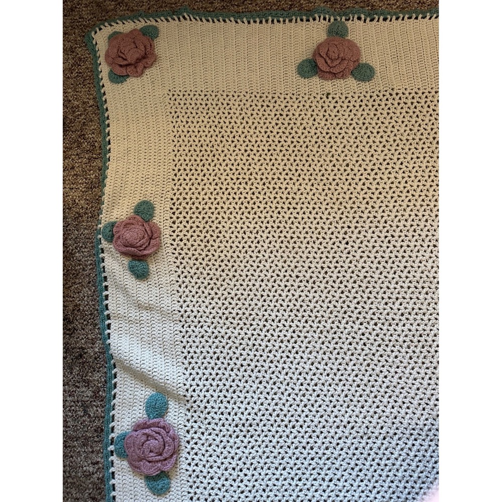 Vintage knit afghan/Throw 3D flowers cream - Picture 9 of 9